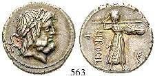 , der den Sklavenkrieg auf Sizilien beendete. 558 L. Titurius Sabinus, 89 v.chr. Denar, Rom. 3,90 g. Kopf des Tatius r.