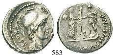 mit Diadem, darunter Wertzeichen Q SICINIVS III VIR / C COPONIVS PR S C Löwenfell über Keule des Herkules zwischen Pfeil und Bogen. Cr.444/1a; Syd.939.