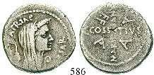 Die Rückseite der Münze trägt die Legende MN. ACILIVS III VIR. VALETV. dazu das Bildnis der stehenden Göttin Valetudo, die sich an eine Säule anlehnt und in ihrer rechten Hand eine Schlange hält.
