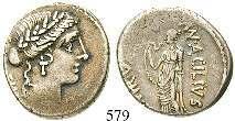 Die Rückseite zeigt Diana als Hauptgöttin von Massalia (Marseille), das nach Ausbruch des römischen Bürgerkriegs 49 v.chr. von Caesar eingenommen wurde. 581 T. Carisius, 46 v.chr. Denar, Rom. 3,93 g.
