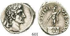 IMP CAESAR AVGVST / P CARISIVS LEG PRO PR Trophäe auf Schilder- und Lanzenhaufen. RIC 4b. f.ss 300,- 593 Octavian und Lepidus, 42 v.chr. Denar 42 v.chr., Mzst. in Italien. 3,71 g. Kopf des Octavian r.