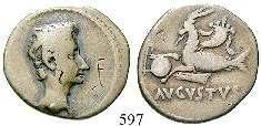 seltenere Variante mit schöner goldener Tönung. Bankmarken auf Vs., f.ss 390,- Der Capricorn auf der Rückseite dieses Denars war das Sternzeichen des Augustus. 598 Denar 19-18 v.chr., Rom. 3,23 g.