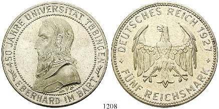 vz+ 450,- 1208 5 Reichsmark 1927, F. Uni Tübingen. J.329.