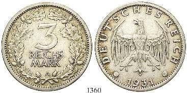 st 535,- 1359 3 Reichsmark 1931, A. Kursmünze. J.349. f.