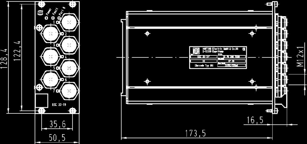 frontseitig M12 D-Kodierung 1x auf der Backplane X 24 V DC / DIN