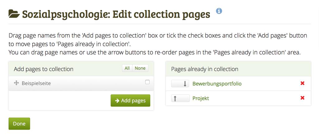 4.3 Portfolio Manage Pages Hier können Sie die einzelnen Pages auswählen, die Sie Ihrer Collection hinzufügen wollen.