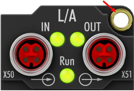 Montage und Verkabelung Achtung FE-Kontakt im Gehäuse der EtherCAT P-Box Im Gehäuse der EtherCAT-P-Box befindet sich oben rechts eine FE-Buchse (siehe nachfolgende Abbildung), um die EPP-Box mit dem