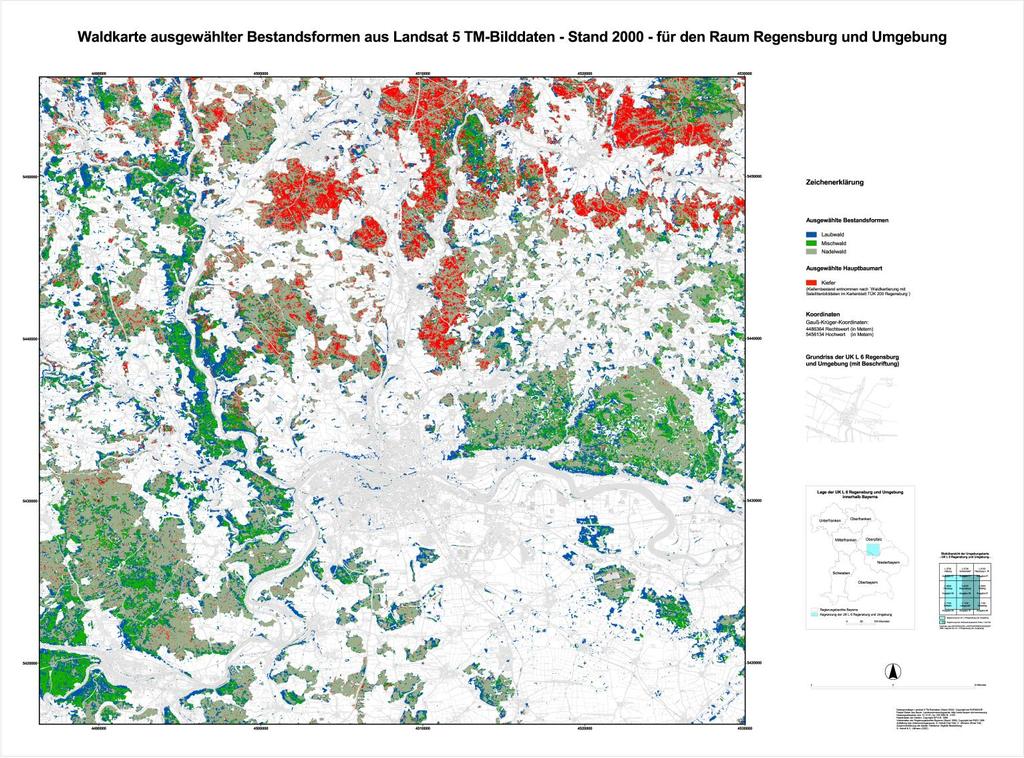 Zweite Vegetationskarte: Waldstruktur nach Bestandsformen (2002) Mit der Steigerung der Rechnerleistung an der Universität Regensburg wurden sehr schnell umfangreichere Datenanalysen möglich und
