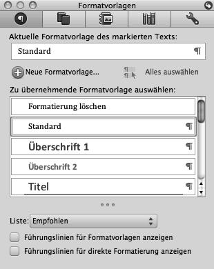 50 Word 2011 Einführung Toolbox 1. Blenden Sie die wie oben unter Punkt drei beschrieben, über Ansicht, Formatvorlagen oder klicken Sie auf das Symbol in der Symbolleiste «Standard» 2.