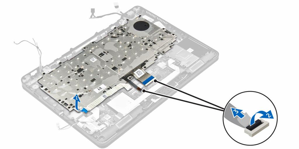 g. Kühlkörperbaugruppe h. Knopfzellenbatterie i. Docking-Rahmen j. Netzanschluss k. Systemplatine 3. Lösen Sie das Touchpad-Kabel von der Tastaturbaugruppe [1]. 4.