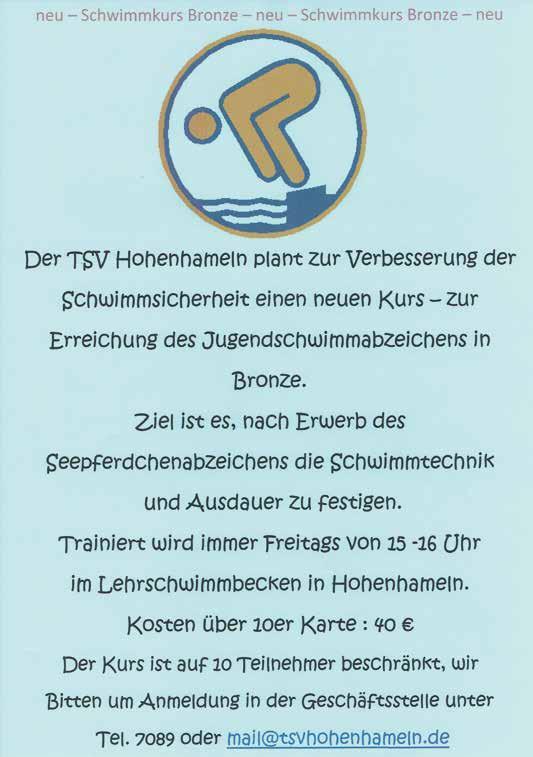 TSV Hohenhameln Schwimmen Bronzekurs Bronzekurs - für diesen Kurs haben wir noch zwei freie Plätze zu vergeben!