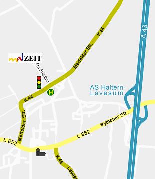 Die zweite Abbildung zeigt die Anfahrt von der Autobahnabfahrt zum Künstlerhof Lavesum (Am Friedhof 25) über die L652 und die K44. Abb.1: Anfahrtsbeschreibung zum Künstlerhof über die A43, Ausfahrt Haltern-Lavesum Abb.