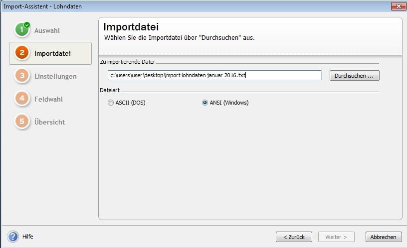 3.2 '2 Importdatei' Wählen Sie die zu importierende Datei über 'Durchsuchen' aus. Voreingestellt ist die gebräuchlichste Dateiart 'ANSI (Windows)'.