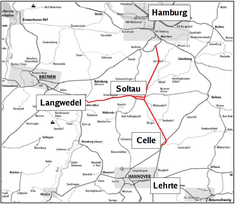 Ausbaustrecke von Soltau bis Langwedel. Alle Strecken werden elektrifiziert. Für die Ortslage Soltau wird zusätzlich als Untervariante eine Umfahrung südlich von Soltau betrachtet.