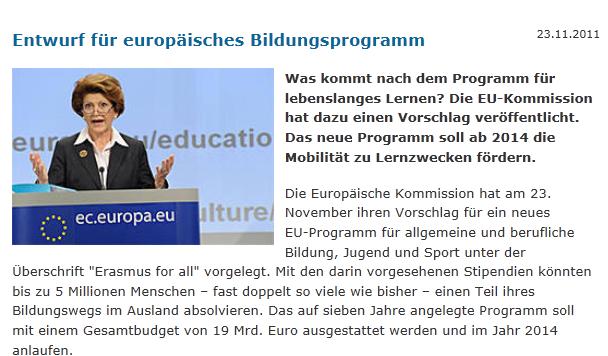 Neues Programm 2014-2020: 2020: "Erasmus für f r alle" Programmvorschlag der EU-Kommission am 23.11.