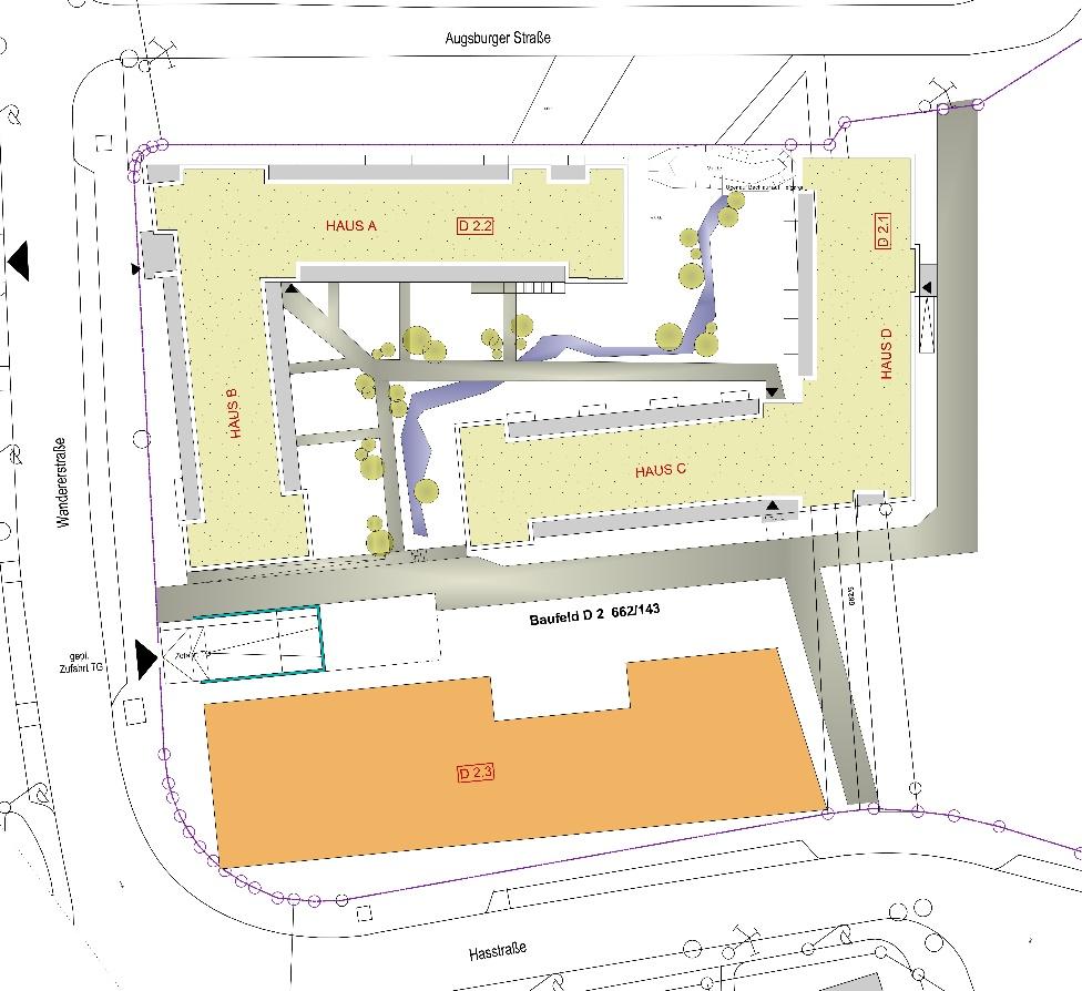 Lageplan Quelle D2 und D2.3 Baustelle: Gebäudeneubau: Vorgabe Planung: ehemaliger Parkplatz des Quelleareals in Nürnberg D2 = Geschosswohnungsbau mit 90 WE und Tiefgarage D2.