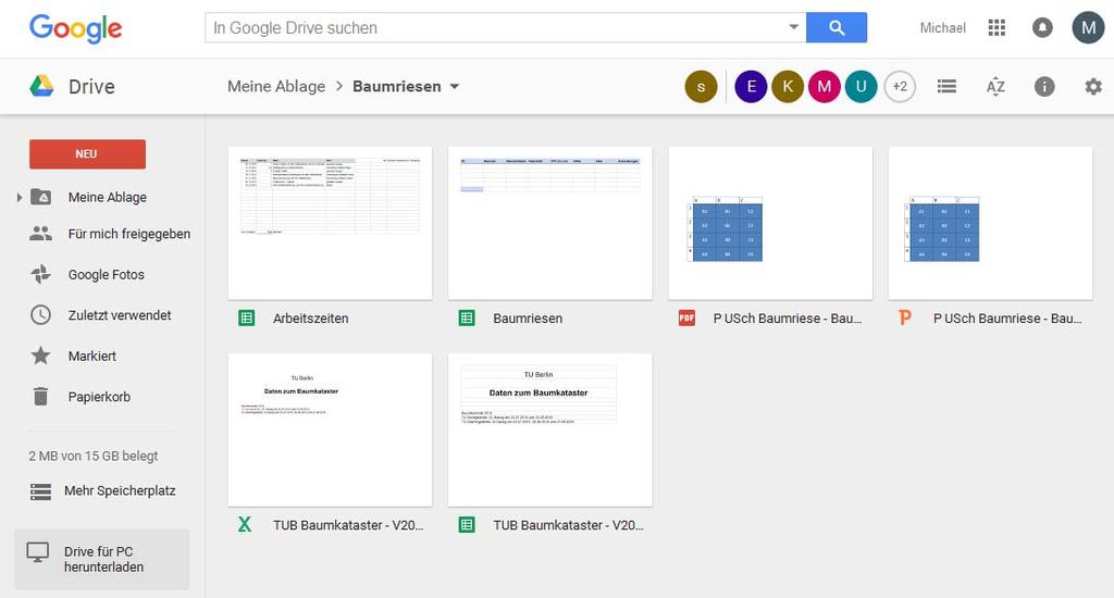 Google Drive Online Speicher zum P USch Baumriese Bildschirmfoto, Nutzer Abbildung 20: P USch Baumriese in Google Drive Das Google Drive wurde von den Bearbeiterinnen und dem Bearbeiter des Projekts