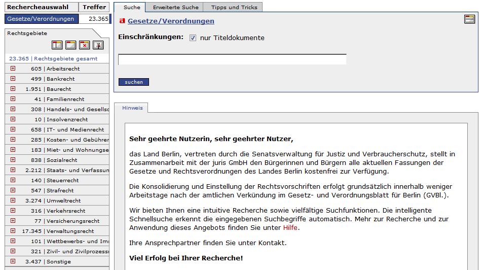 Startseite des Berliner Vorschrifteninformationssystem, Quelle: http://gesetze.berlin.
