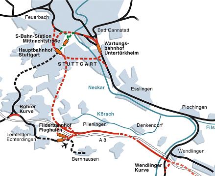 - Ober- und Untertürkheim mit Abstellbahnhof - Fildertunnel - Filderbereich mit Flughafenanbindung - Filderbereich bis Wendlingen Überblick der einzelnen Bauabschnitte von Stuttgart 21 (rot markiert)