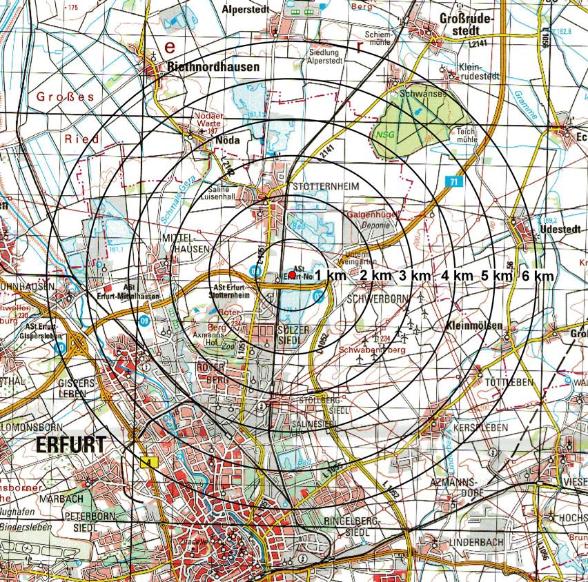 Karte 6: Radien mit einer Entfernung von 1 bis 6 km um den Mittelpunkt des KreuzkrötenVorkommens am Schwerborner See (Kartenmaßstab 1:100.