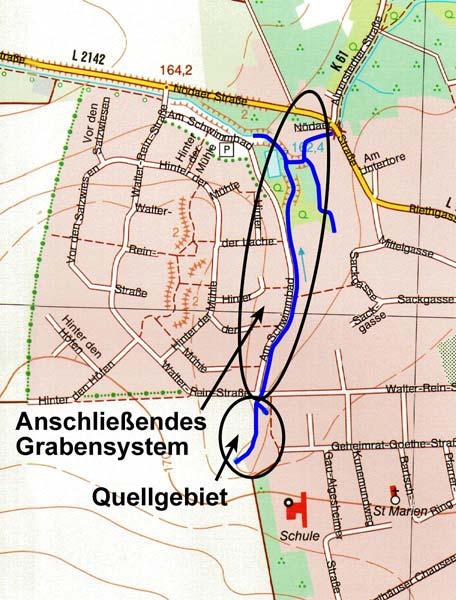 Karte 2: Lage des Quellgebietes und anschließende Grabensystems am westlichen Ortsrand von Stotternheim (Kartenmaßstab 1 : 10.