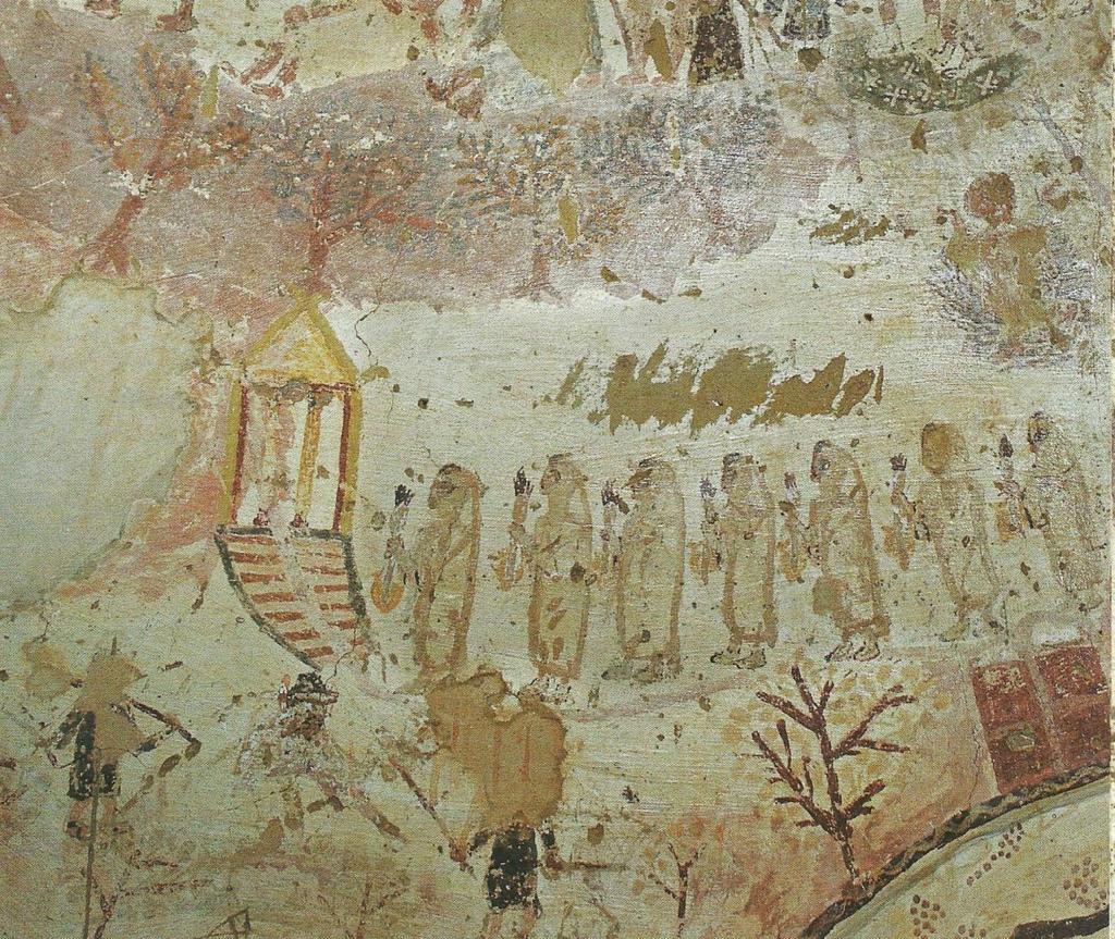 3.2.3 Die Jungfrauen in El-Bagawat Die Wandmalereien in der Exodus-Kapelle von El Bagawat in Kharga 283 aus dem 5. Jh., zeigen u. a. sieben, in einer Reihe schreitende, weibliche Figuren (Abb. 43).