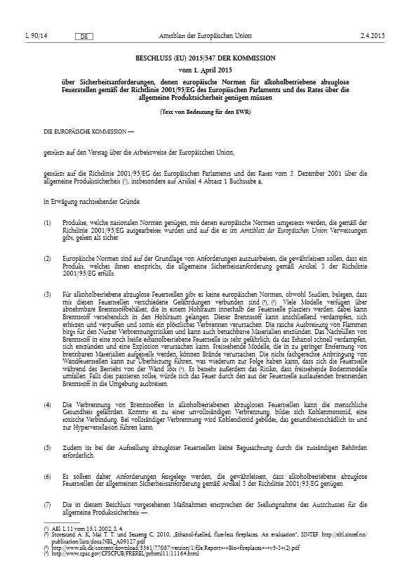 Normen und gesetzliche EU-Vorgaben EU-Beschluss 2015/547 zu alkoholbetriebenen