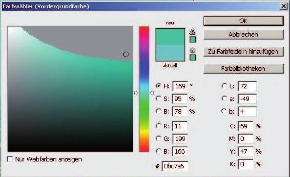 Informationen über Farbwerte Menü: Fenster Info Dort können mit dem Pipetten-Werkzeug einzelnen Farben angewählt werden und die RGB- und CMYK- Werte werden in dem