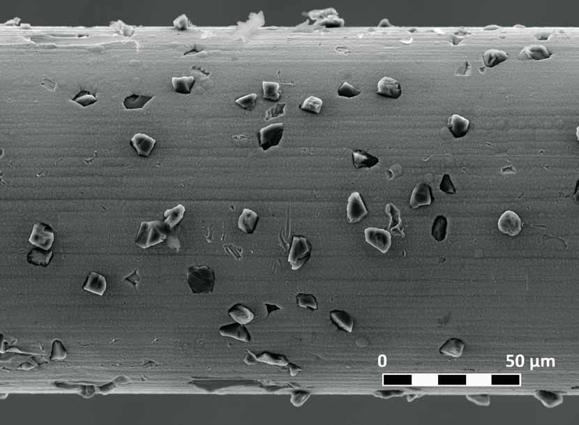 13 Rasterelektronenmikroskopaufnahme eines diamantbesetzten Drahtes digkeitskamera zur Analyse von Drahtschwingungen zur Verfügung.