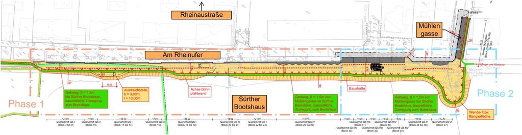 Wegekonzept Verkehrsführung Phase 2 (Block 30-37)» Baustellenzufahrt, -ausfahrt über Rheinaustraße» Bei Erreichen des Block 31 mit den Bohrpfahlarbeiten kann auch die Mühlengasse als Ausfahrt genutzt