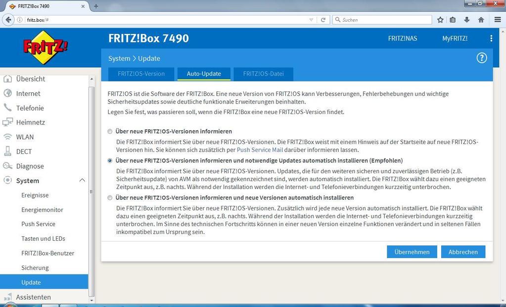 Firmware Update durchführen Aus gegebenem Anlass weisen wir daraufhin, dass massive Sicherheitsmängel durch eine veraltete Firmwareversion der FRITZ!Box entstehen können.