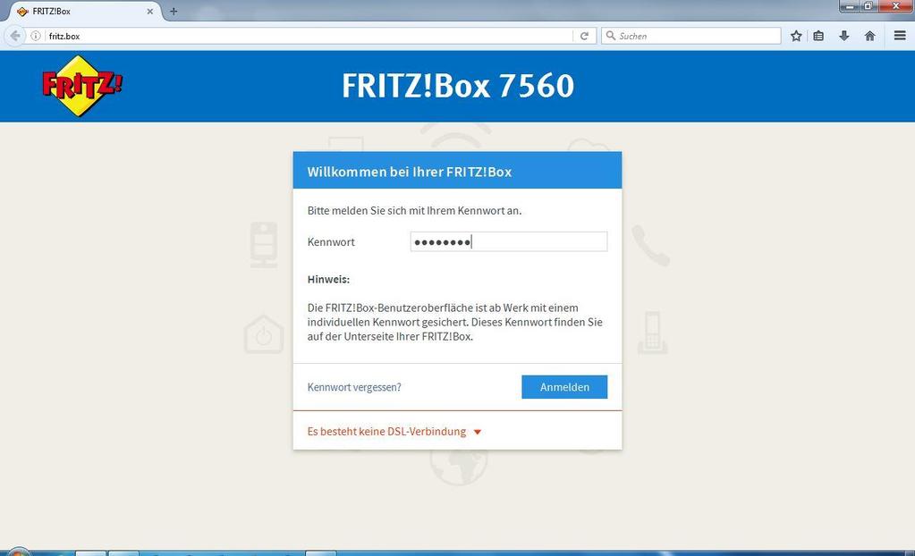 Box sollte nun die Power LED leuchten. Abb. FRITZ!Box 7490 Öffnen Sie einen Browser, z.b. Internet Explorer oder Firefox, und geben Sie fritz.