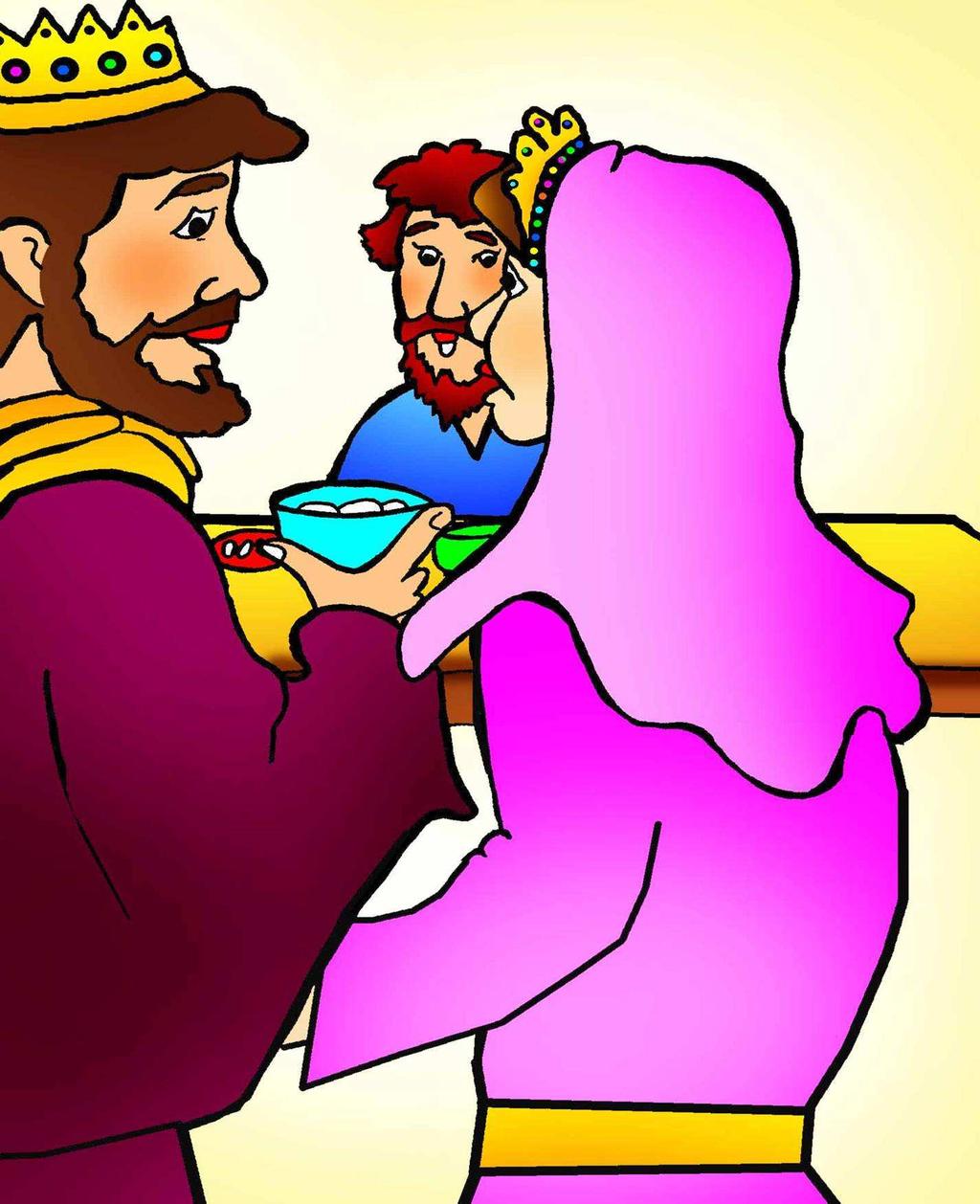 Illustrationsbild 1 Und als der König mit Haman zu dem Mahl kam, das die Königin Ester vorbereitet hatte, sprach der König zu Ester auch an diesem zweiten Tage: Was bittest du, Königin Esther, das