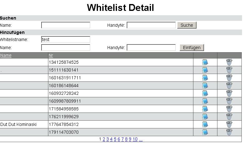 3.2 Whitelist Detail In der Whitelist Detail - Ansicht haben Sie die Möglichkeit alle Mitglieder / Nummern der gewählten Whitelist zu sehen.