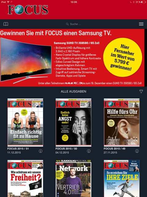 Seite Umsetzungsbeispiel Samsung TV Umsetzungsbeispiel Samsung TV: Facebook, Magazin, Newsletter, Magazin App