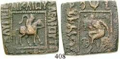 408 Vonones, 100-65 v.chr. AE-Hemiobol 100-65 v.chr. 7,88 g. König reitet r. / Herakles sitzt l., hält Keule, davor Monogramm. Mitch.691a. f.