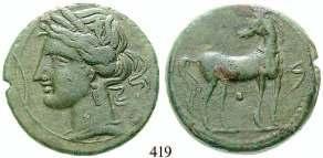419 Bronze 24 mm um 221-202 v.chr. 10,10 g. Kopf der Tanit l. mit Ährenkranz / Pferd steht r., Kopf l., darunter Punkt, r. im Feld punischer Buchstabe. SNG Cop.345ff. vgl.