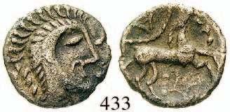25-35 Silbereinheit ca. 25-35. 1,15 g. Kopf r. mit Löwenfell, dahinter Ring EPATI / Adler von vorn mit geöffneten Schwingen und Schlange in den Fängen, Ring hinter dem Kopf.