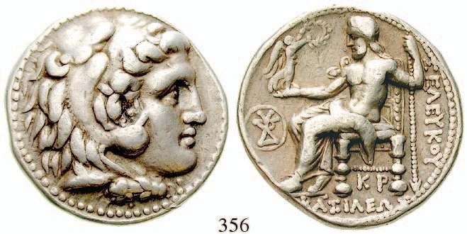 16,97 g. Kopf r. mit Königsbinde / Apollo Delphios mit Pfeil und Bogen sitzt auf Omphalos, Beizeichen Monogramme. Newell WSM 1098.