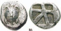 , unten Koppa / Athenakopf r. im korinthischen Helm, l. Beizeichen. ss/ss-vz 185,- AIOLIS, MYRINA 92 Tetradrachme 2.