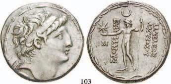 mit Königsbinde und Flügel / Apollo sitzt mit Pfeil und Bogen auf Omphalos, Beizeichen Monogramm, weiblicher Kopf und grasendes Pferd. Newell WSM 1561.