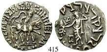414 Azes II., 35 v.-5 n.chr. Drachme. 2,34 g. Azes reitet r. / Athena r. stehend; im Feld Monogramme. Mitch.848d.