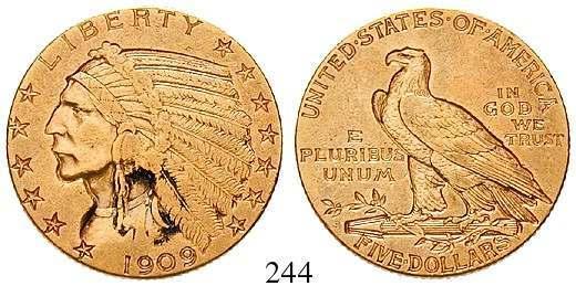 ANTIKE MÜNZEN GRIECHISCHE MÜNZEN 243 5 Dollars 1908, Philadelphia. Indianer. Gold.