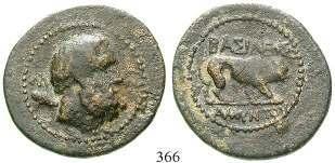 Geflügelter Kopf der Medusa r. / Stier stößt r. Newell WSM 925; SC 21. grüne Patina. ss 170,- 369 Antiochos I., 280-261 v.chr.