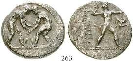 eindrucksvolles Portrait des Zeus. f.vz 270,- PAMPHYLIEN, ASPENDOS 263 Stater 370-330 v.chr. 10,64 g. Zwei nackte Ringer bei Kampfbeginn einander gegenüber stehend, zw.
