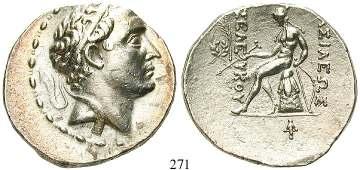 SC 2148; SNG Spaer 1872ff.; SMA 298. prägebed. Druckstelle, vz/ss-vz 400,- 269 Antiochos I., 280-261 v.chr. Tetradrachme 270-267 v.chr., Seleukeia am Tigris. 16,80 g.