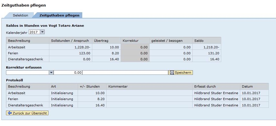 Sie geben in diesem Beispiel «10 Stunden» bei der Arbeitszeit ein, da der Mitarbeitende mit einem Guthaben aus 2016 von 10 Stunden plus startet.