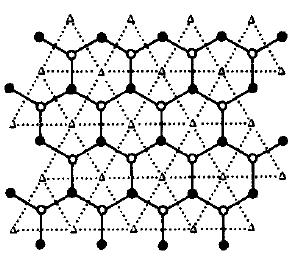Abbildung 6: Honigwabengitter mit dualem Dreiecksgitter (gestrichelt) [4] Für den dreidimensionalen Fall gibt es bis heute jedoch keine analytische Lösung, lediglich numerische Approximationen [5].