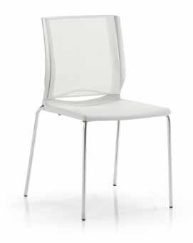 Both frames are stackable and are available with armrests (Polypropylene arm pads)or without armrests. The seat and backrest are made from black or white (RAL 1013) Polypropylene.