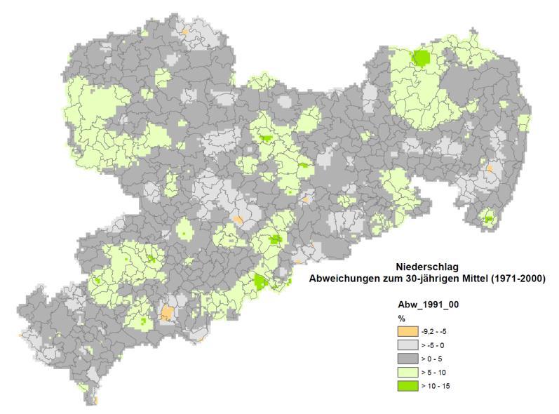 Relative Abweichung des mittleren Jahresniederschlages in Sachsen in den Dekaden 1991-2000 und 2001-2010 zur Bezugsperiode 1971-2000 Datenquelle: www.rekis.